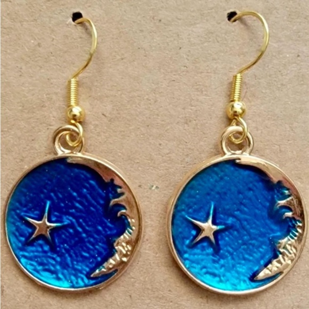 NWT - Blue Planet with Crescent Moon and Star Earrings Set - single sided